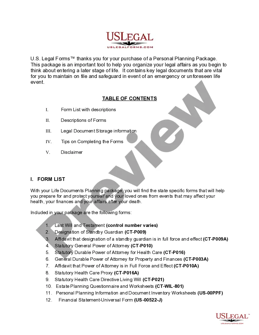 Preview Connecticut Life Documents Planning Package, including Will, Power of Attorney and Living Will