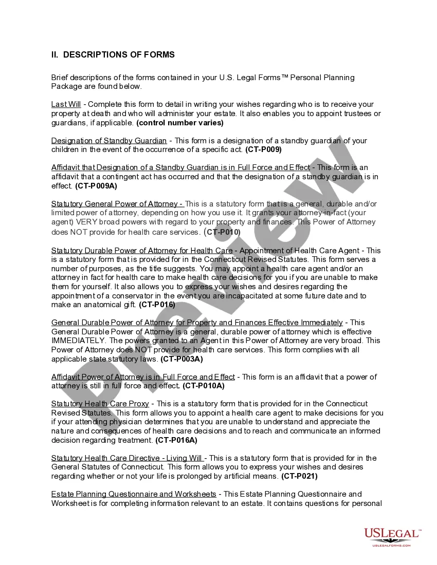 Preview Connecticut Life Documents Planning Package, including Will, Power of Attorney and Living Will