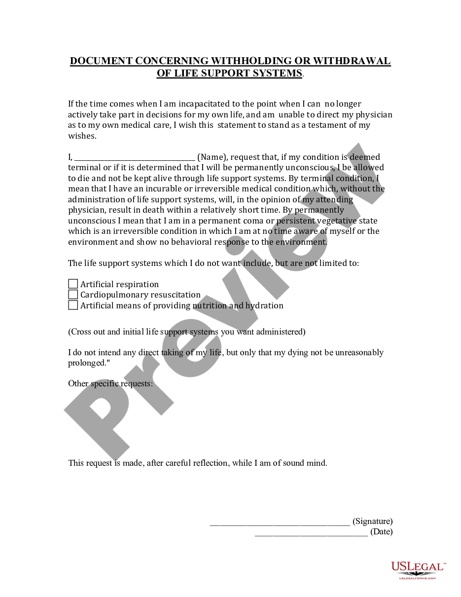 page 0 Document Concerning Withholding or Withdrawal of Life Support Systems preview