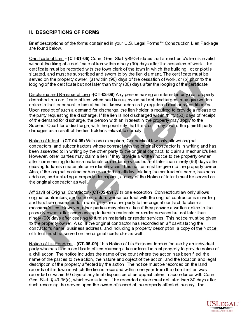 Preview Connecticut Construction or Mechanics Lien Package - Individual