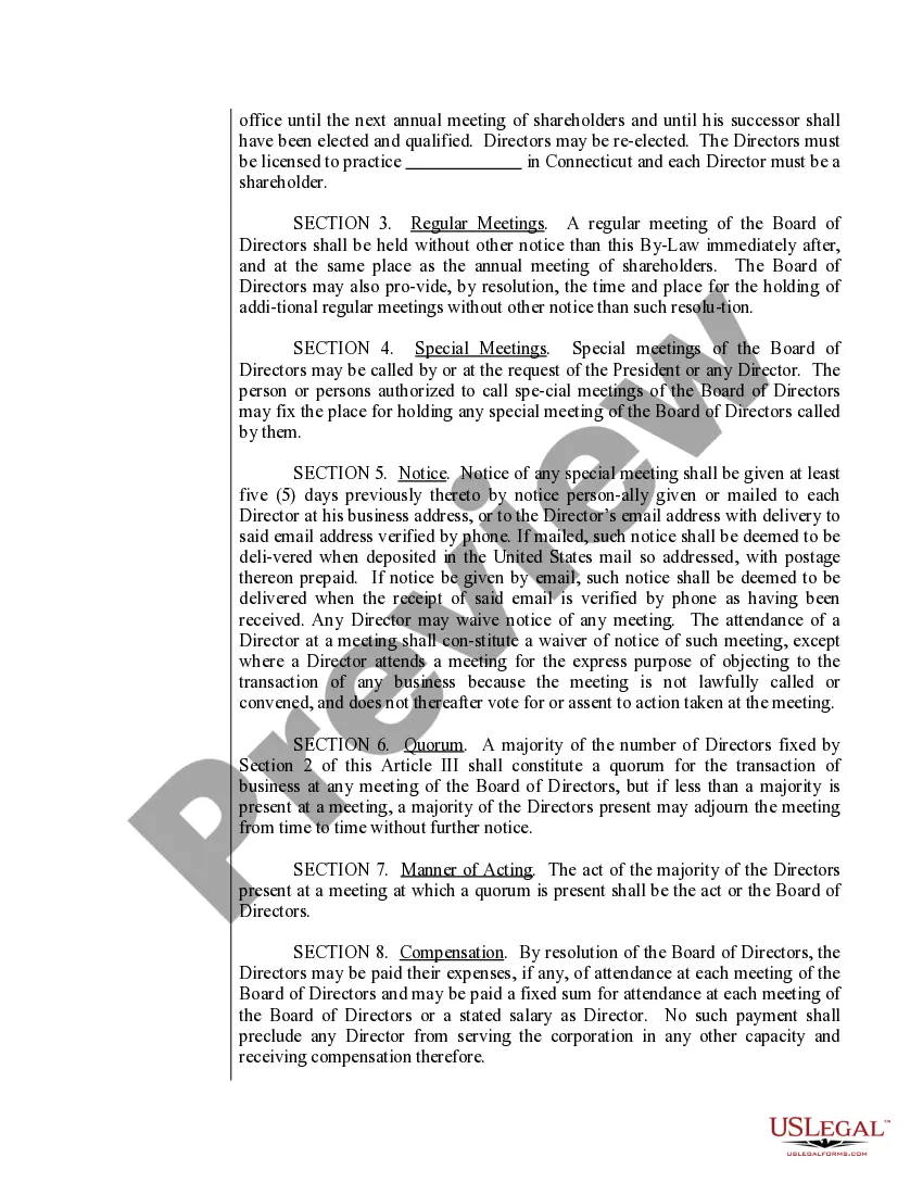 Preview Sample Bylaws for a Connecticut Professional Corporation