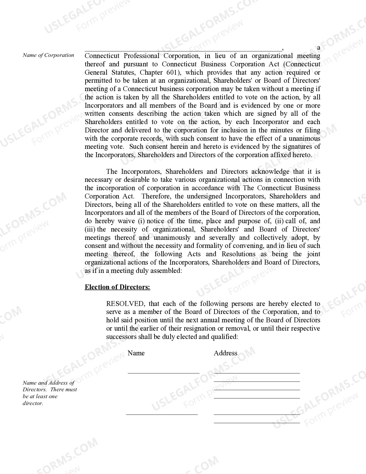 Preview Organizational Minutes for a Connecticut Professional Corporation