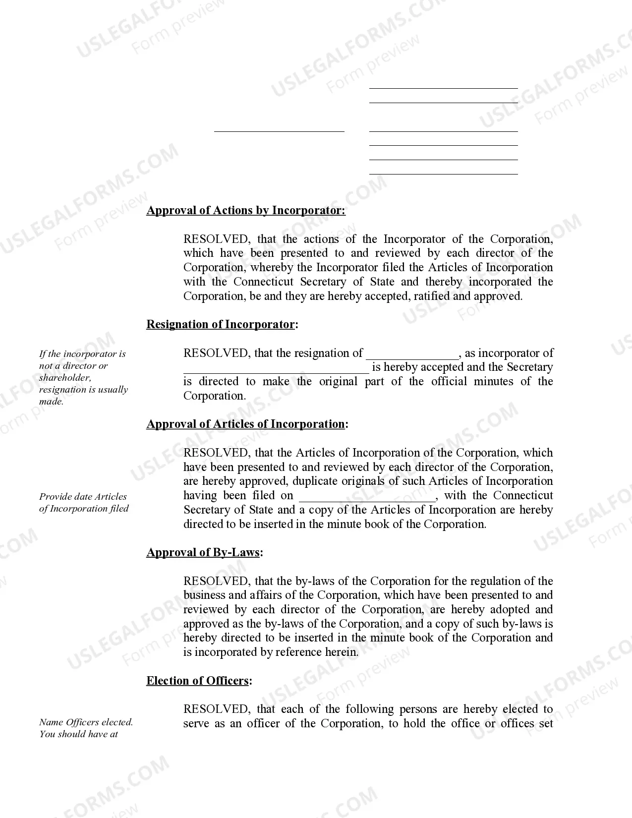 Preview Organizational Minutes for a Connecticut Professional Corporation