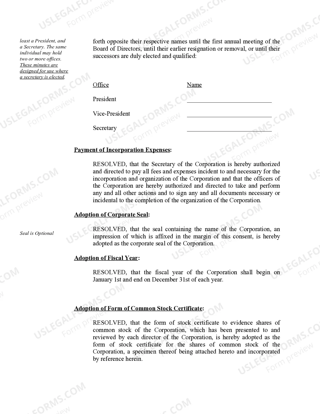 Preview Organizational Minutes for a Connecticut Professional Corporation