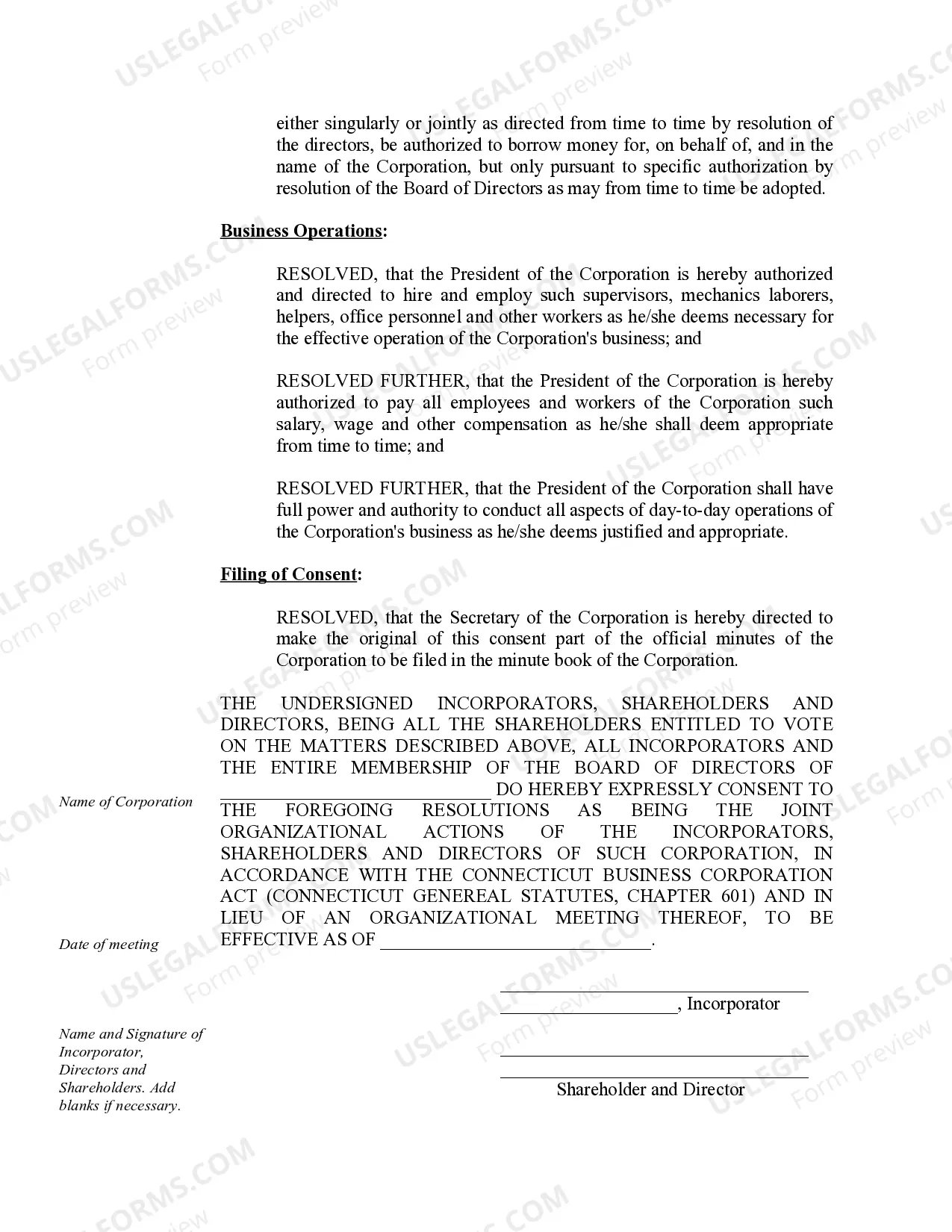 Preview Organizational Minutes for a Connecticut Professional Corporation