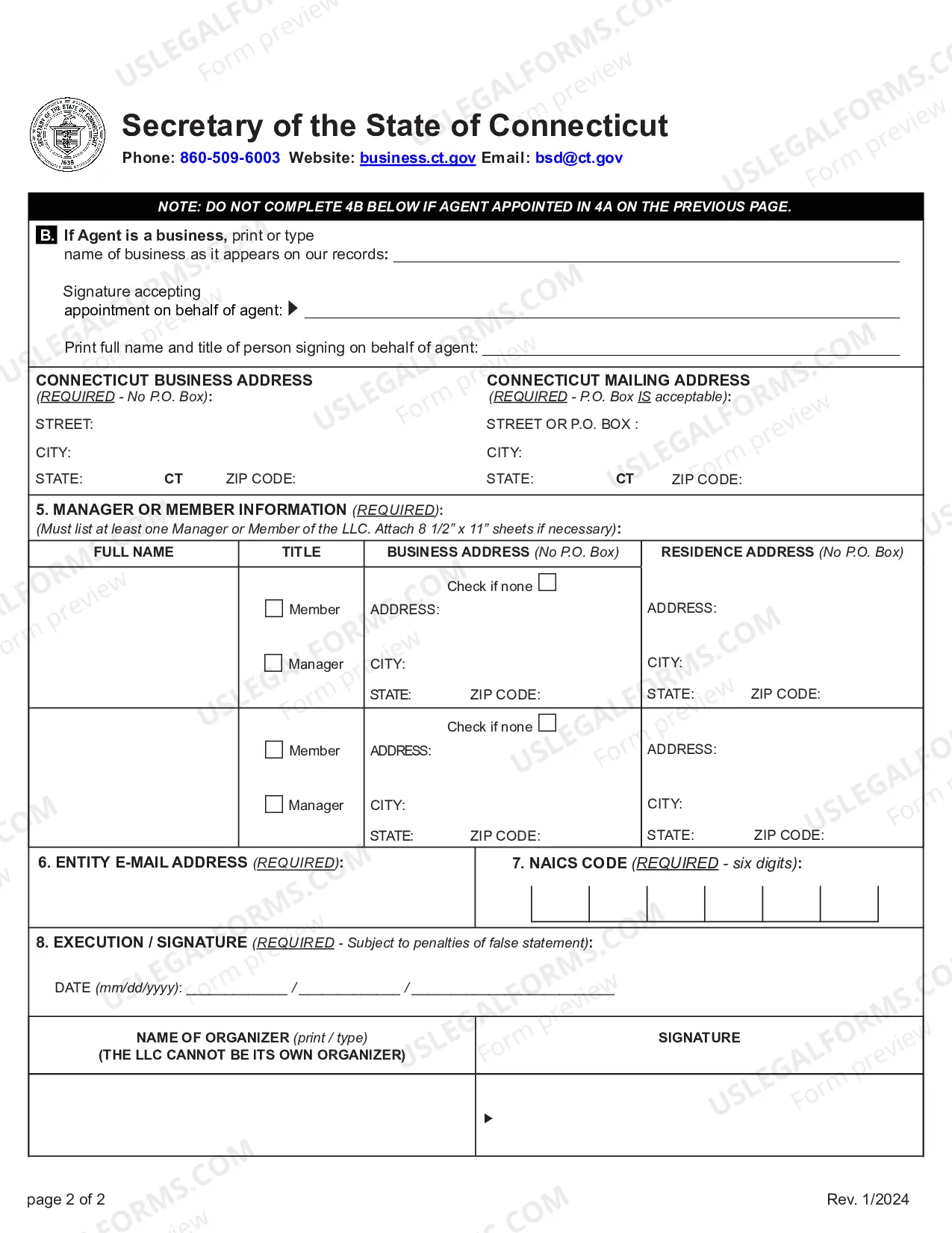 Preview Articles of Organization for a Connecticut Professional Limited Liability Company PLLC