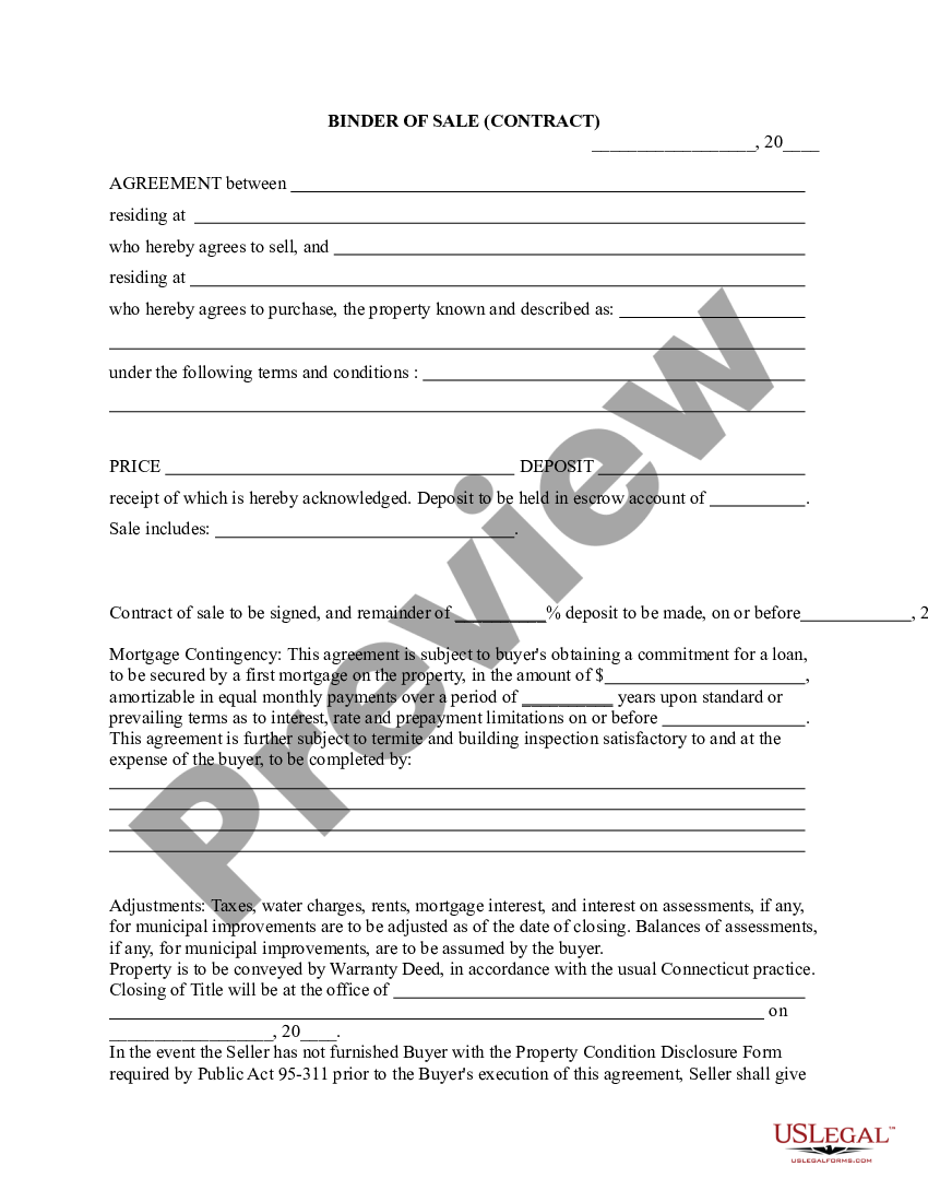 Connecticut Binder of Sale Contract US Legal Forms