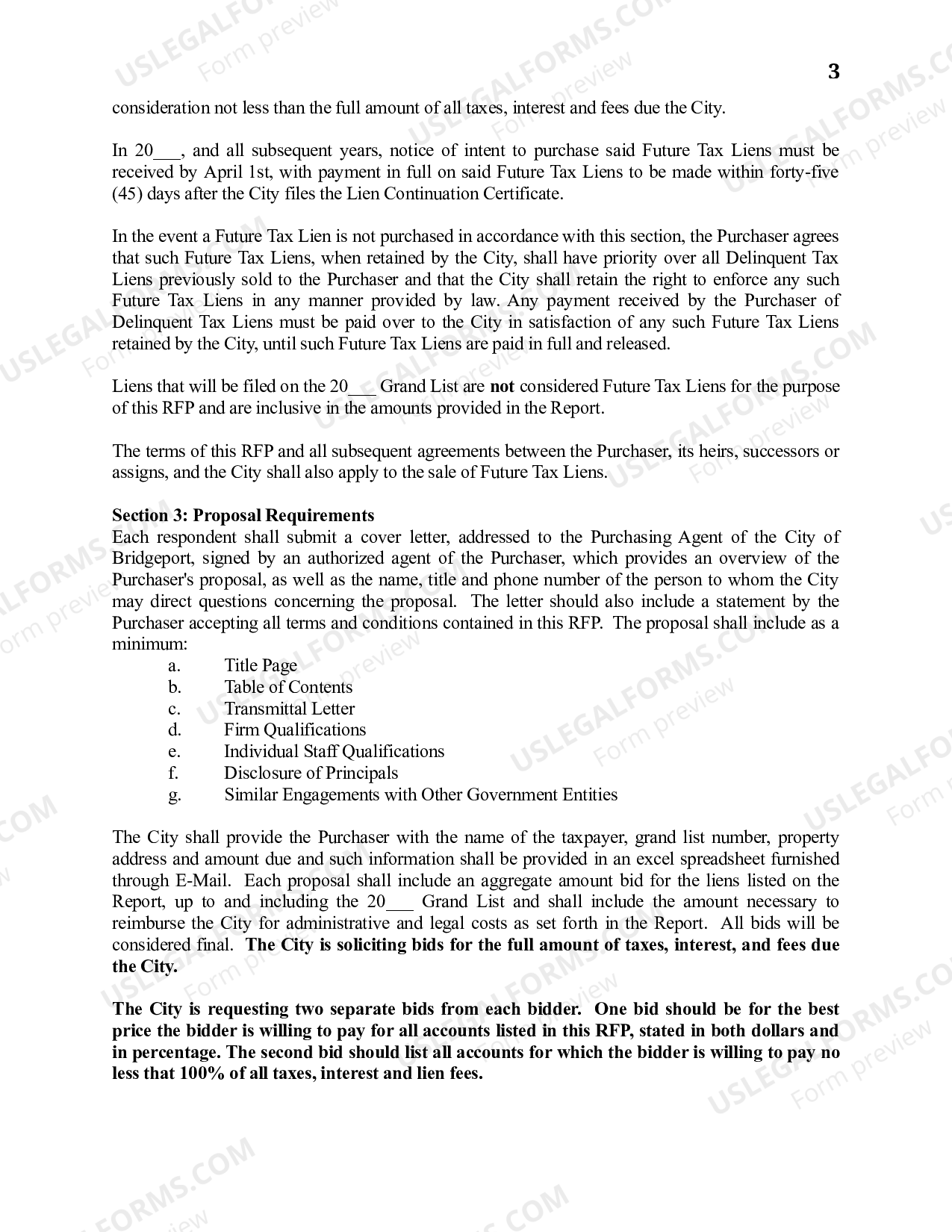 Connecticut Request for Proposals for the Purchase of Delinquent Municipal Tax Liens of the City