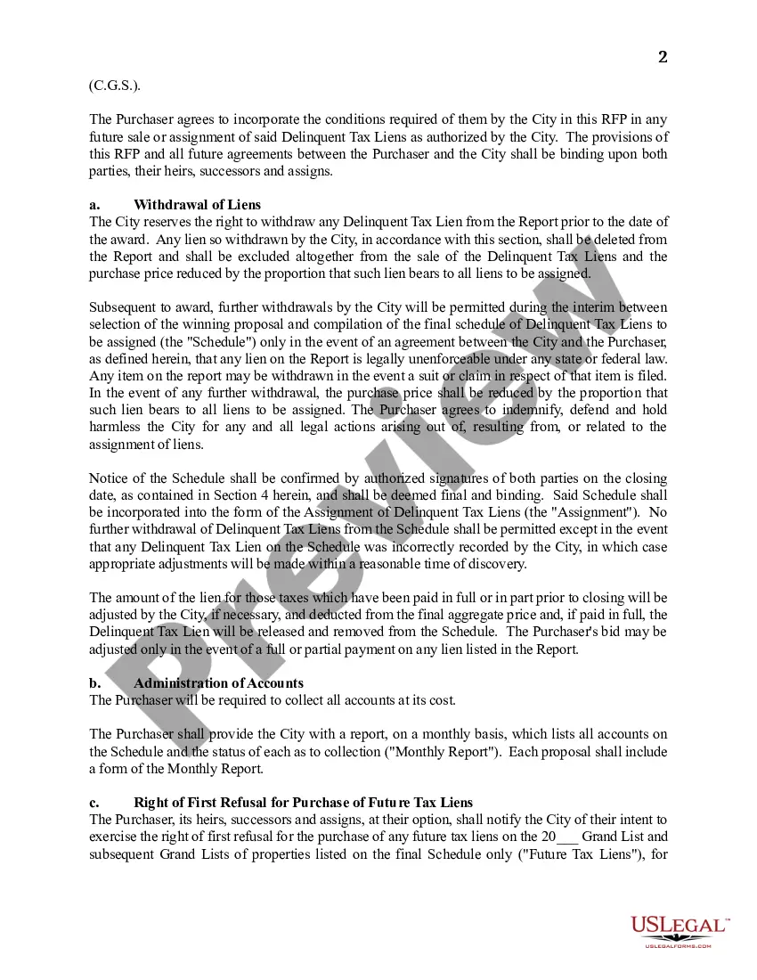 Preview Request for Proposals for the Purchase of Delinquent Municipal Tax Liens of the City