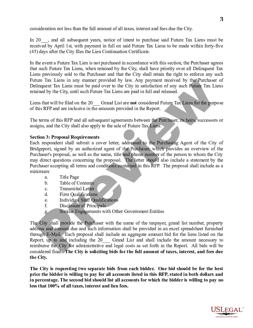 Preview Request for Proposals for the Purchase of Delinquent Municipal Tax Liens of the City