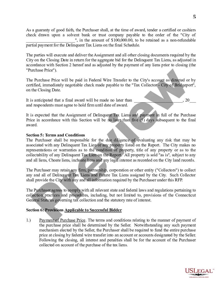 Preview Request for Proposals for the Purchase of Delinquent Municipal Tax Liens of the City