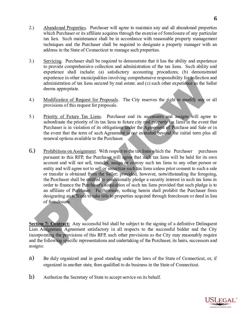 Preview Request for Proposals for the Purchase of Delinquent Municipal Tax Liens of the City