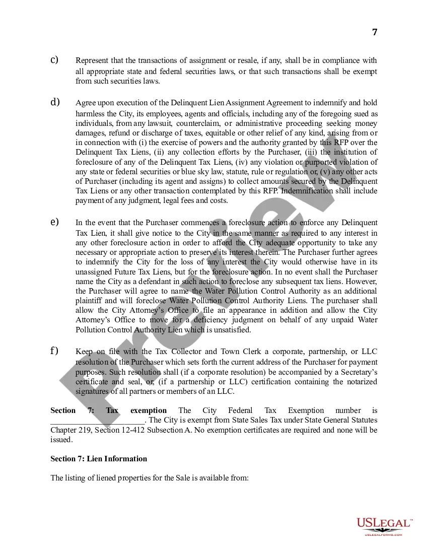 Preview Request for Proposals for the Purchase of Delinquent Municipal Tax Liens of the City