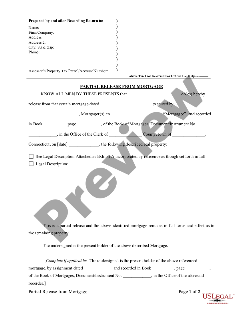 Connecticut Partial Release of Property From Mortgage by Individual ...