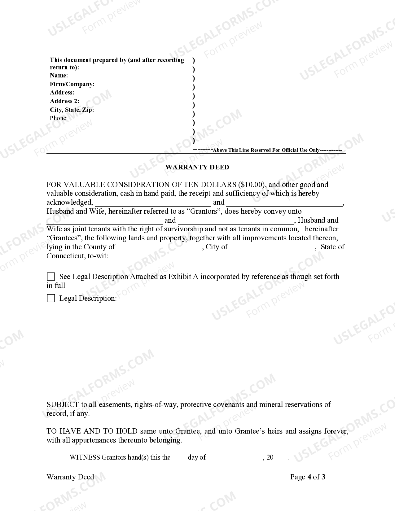 Connecticut Warranty Deed for Husband and Wife (Tenancy in Common to