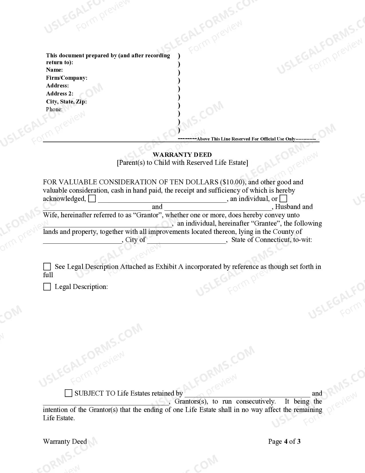 Preview Warranty Deed for Parents to Child with Reservation of Life Estate