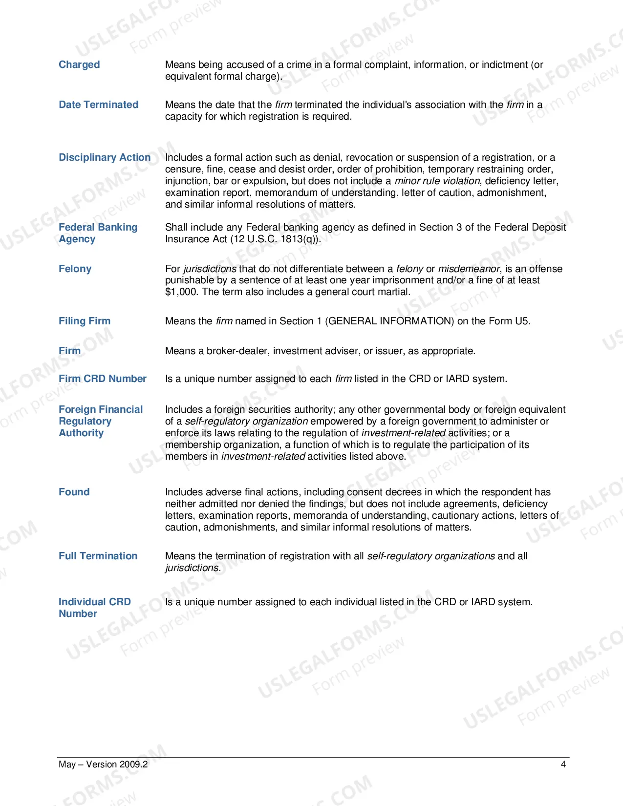 Preview Form U-5 (includes Instructions and Definition of Terms)