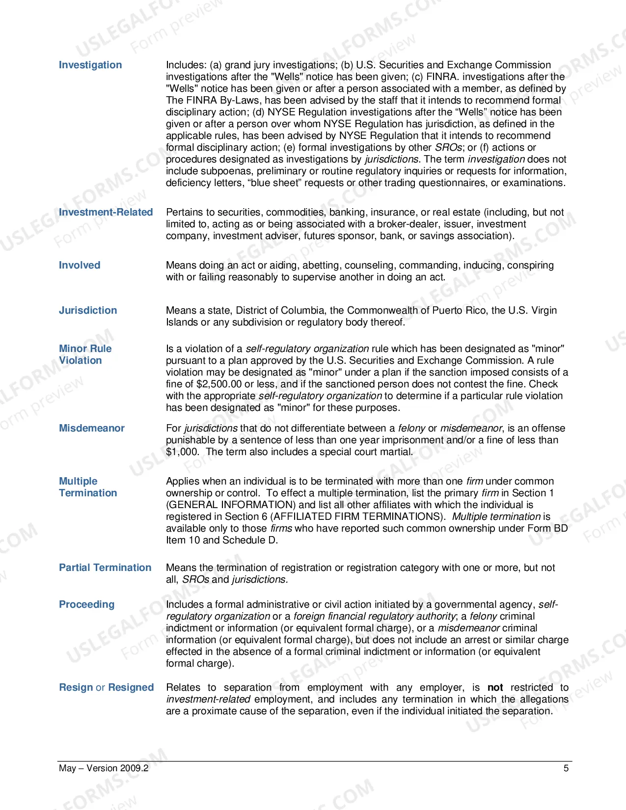 Preview Form U-5 (includes Instructions and Definition of Terms)