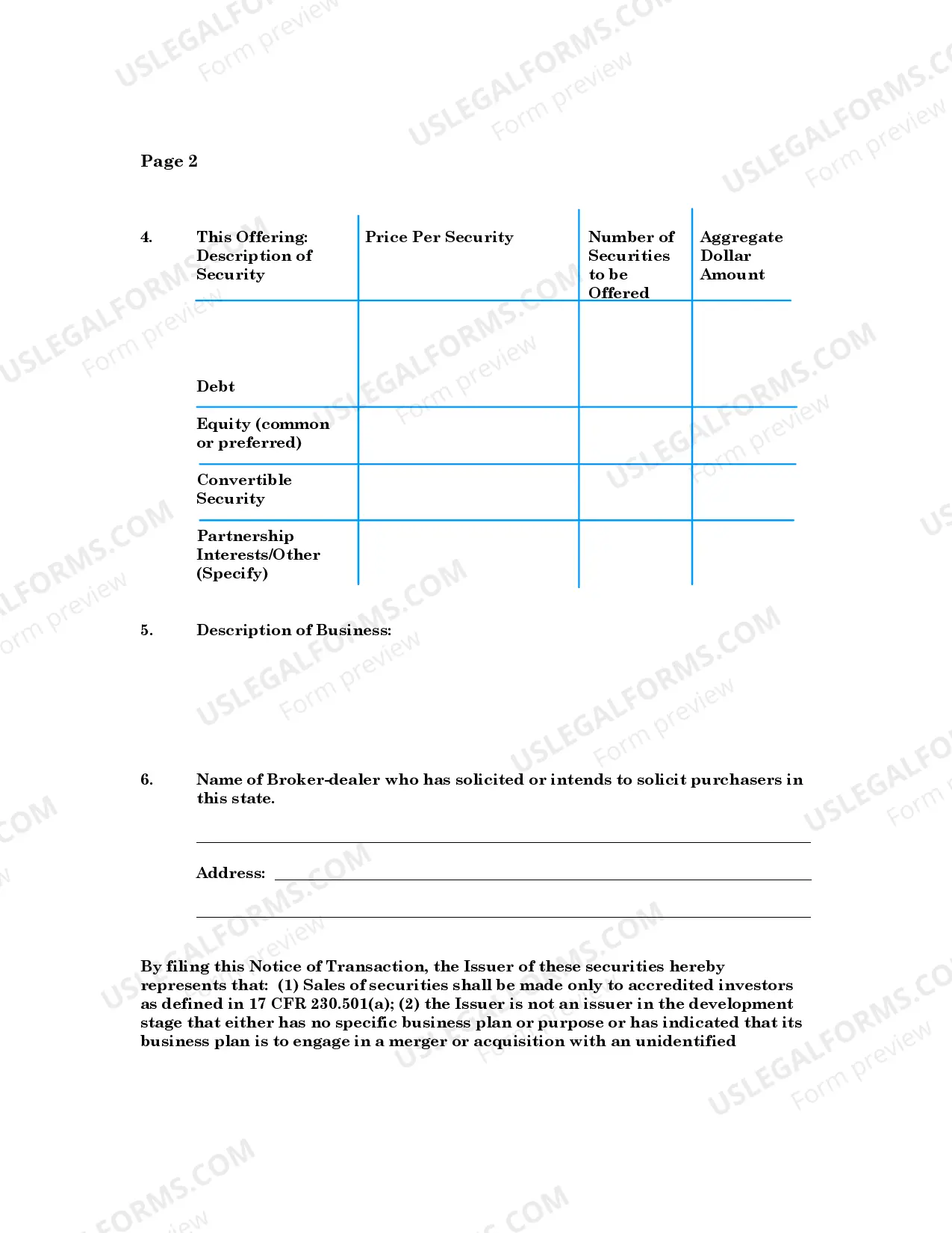 Preview Model Accredited Investor Exemption Uniform Notice of Transaction