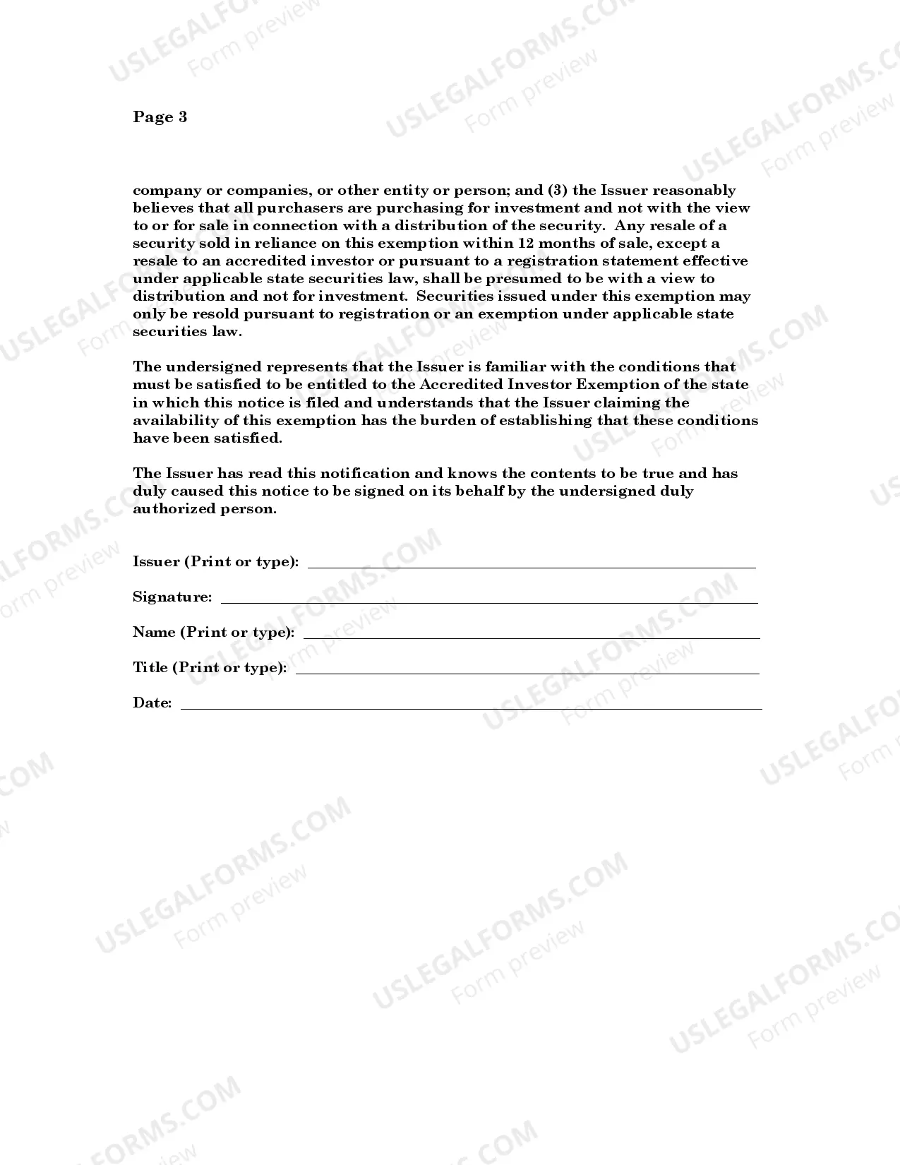 Preview Model Accredited Investor Exemption Uniform Notice of Transaction