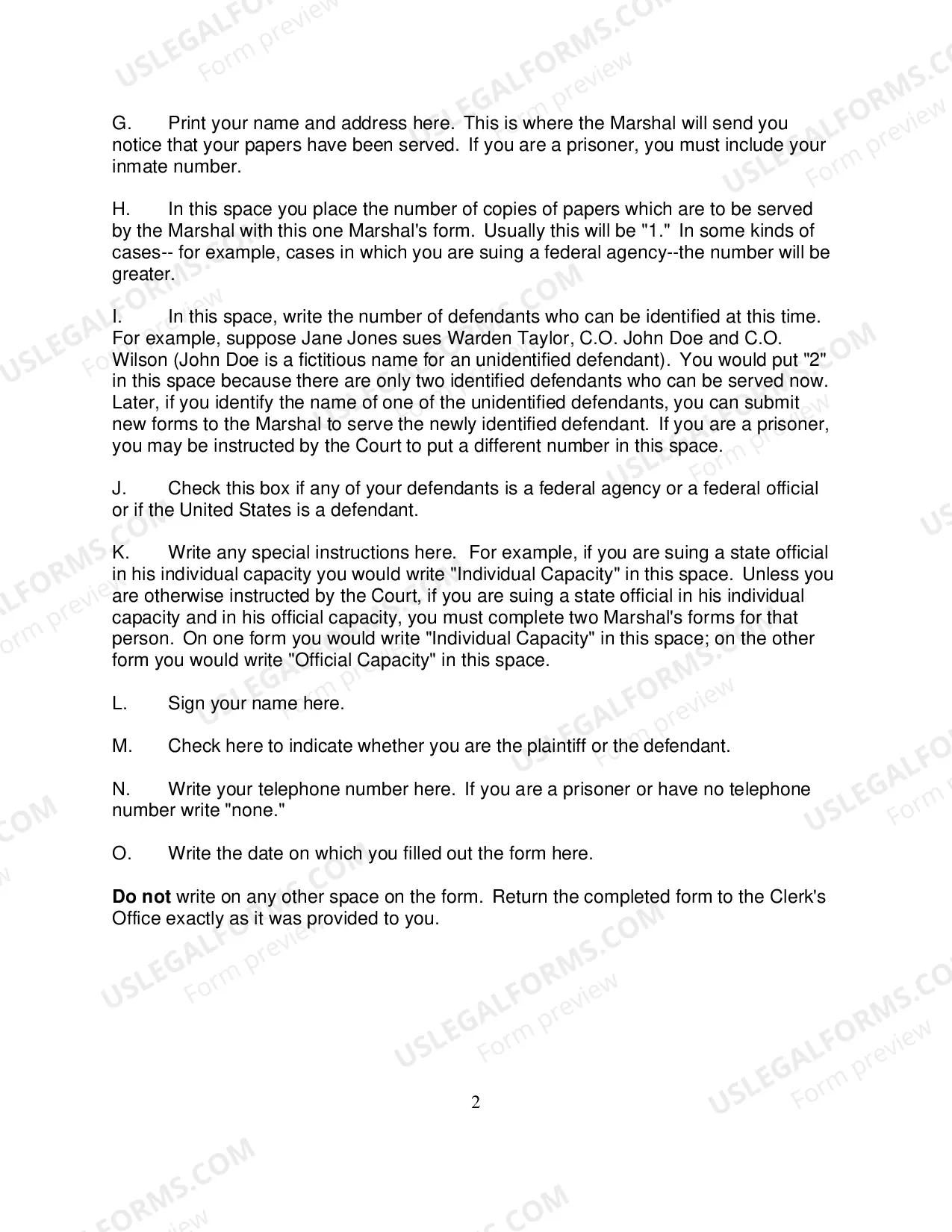 Preview Instructions for Completing the Marshal Service Form (Form USM - 285)