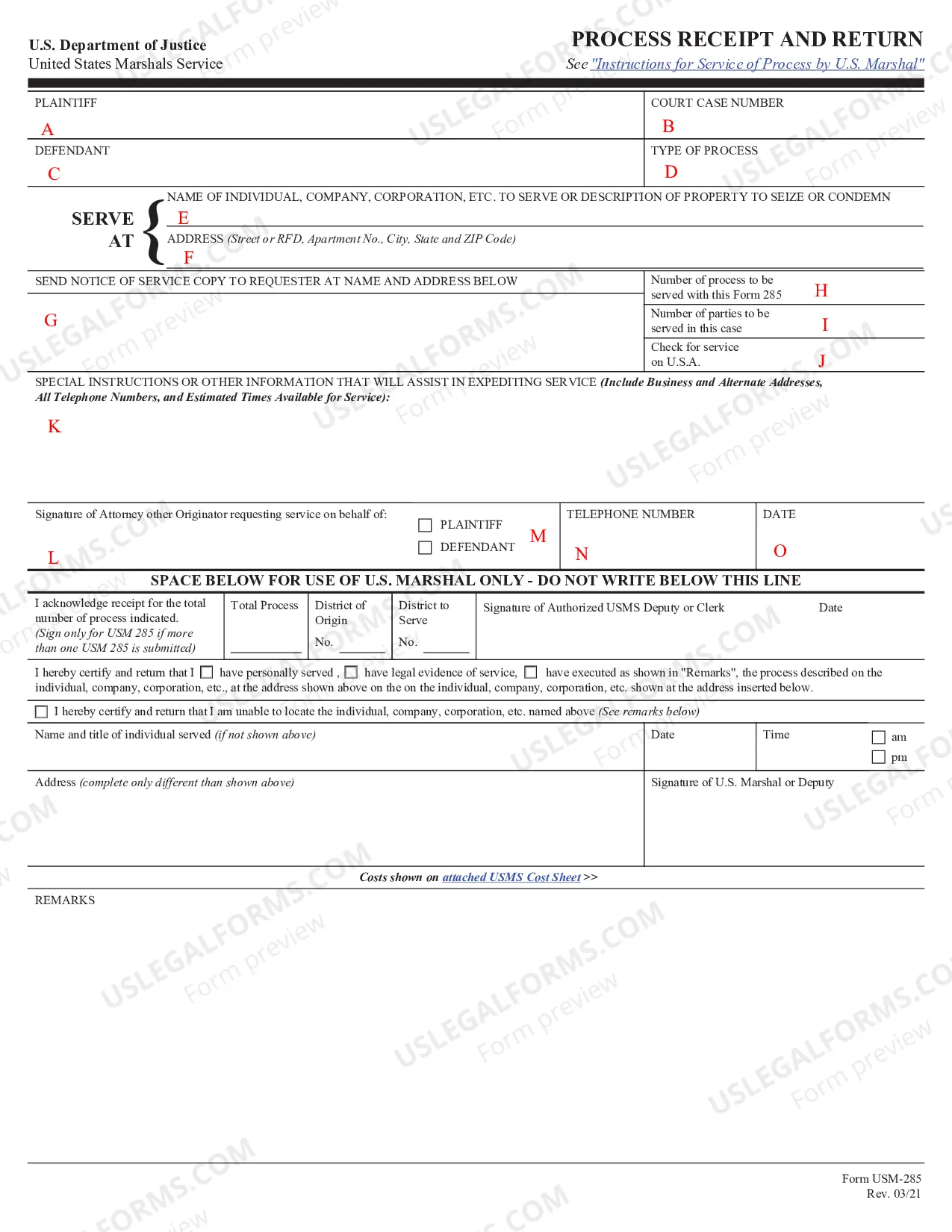 Preview Instructions for Completing the Marshal Service Form (Form USM - 285)