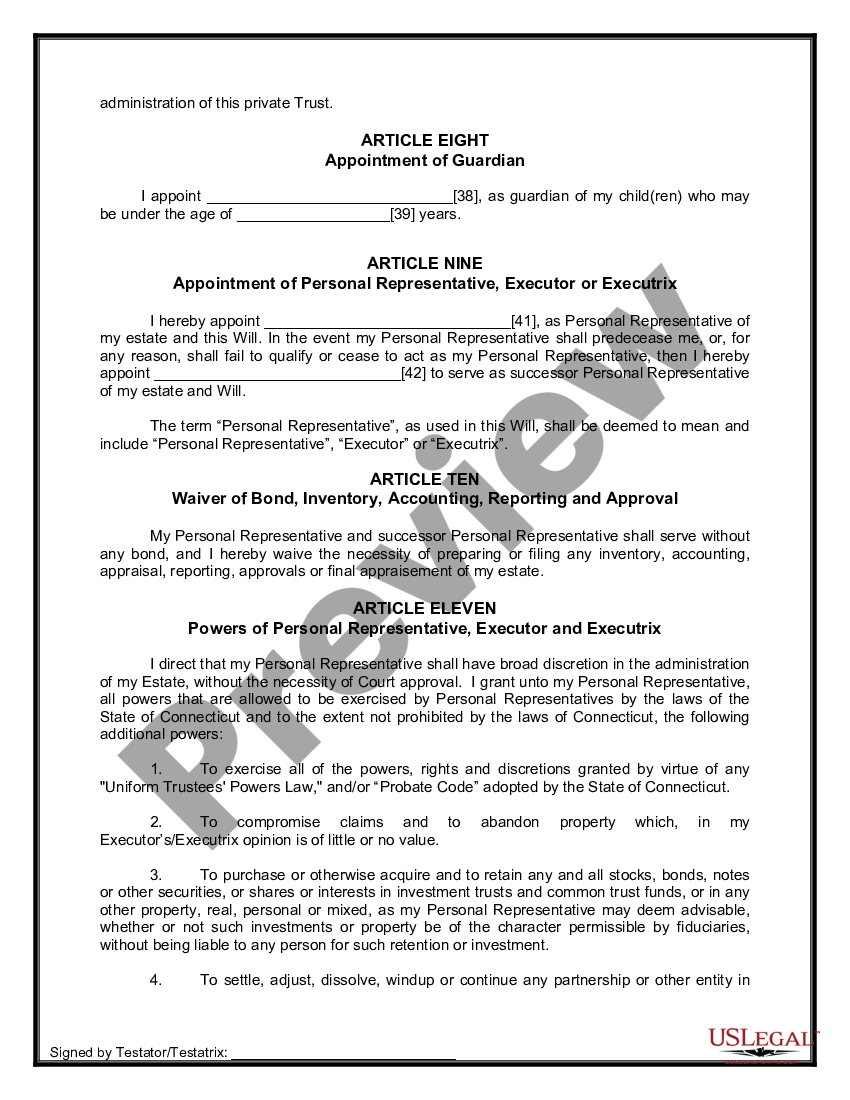 Connecticut Legal Last Will and Testament Form for Single Person with