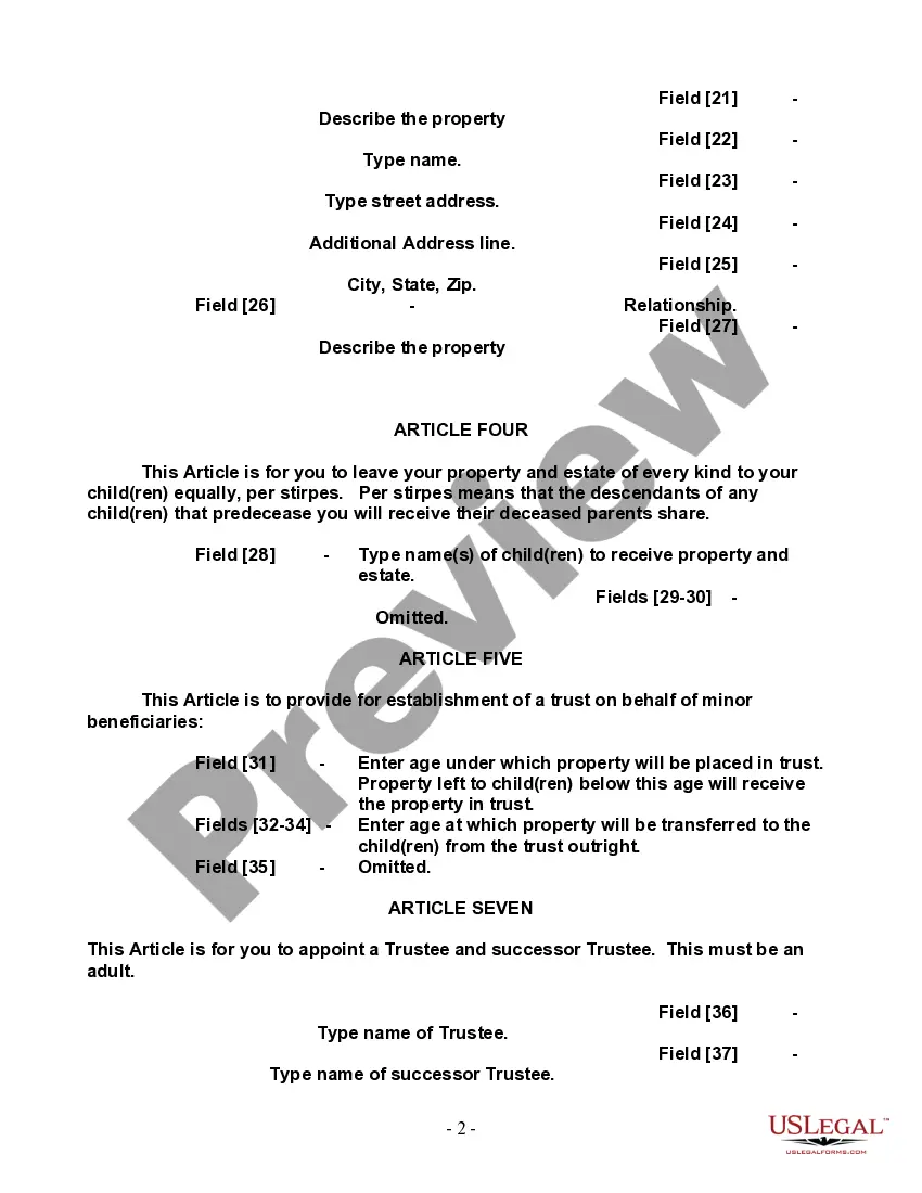 Preview Last Will and Testament for Single Person with Adult and Minor Children