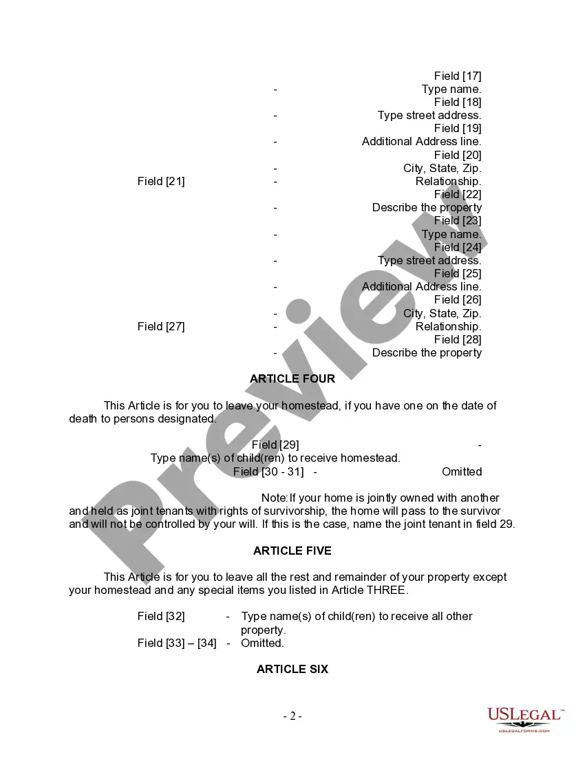 Preview Last Will and Testament for Single Person with Adult Children