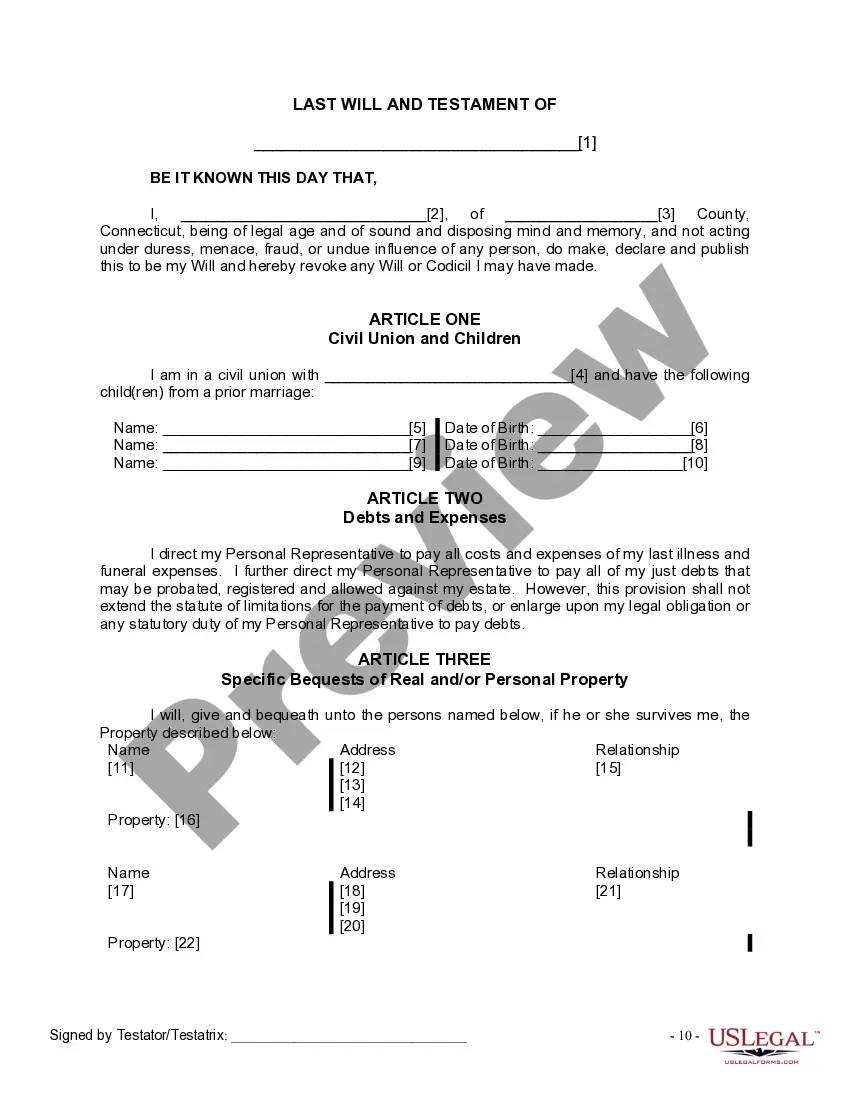 Preview Last Will and Testament for Civil Union Partner with Minor Children from Prior Marriage