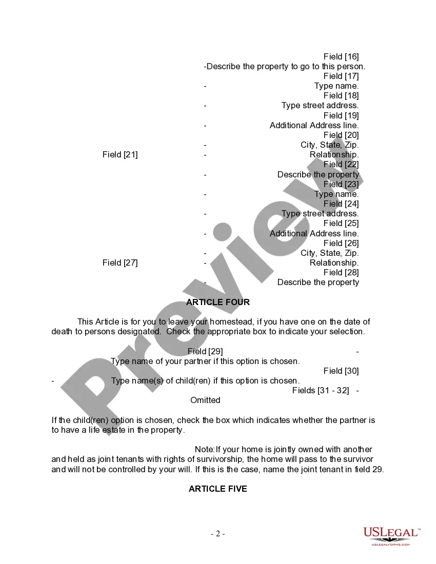 Preview Last Will and Testament for Civil Union Partner with Minor Children from Prior Marriage