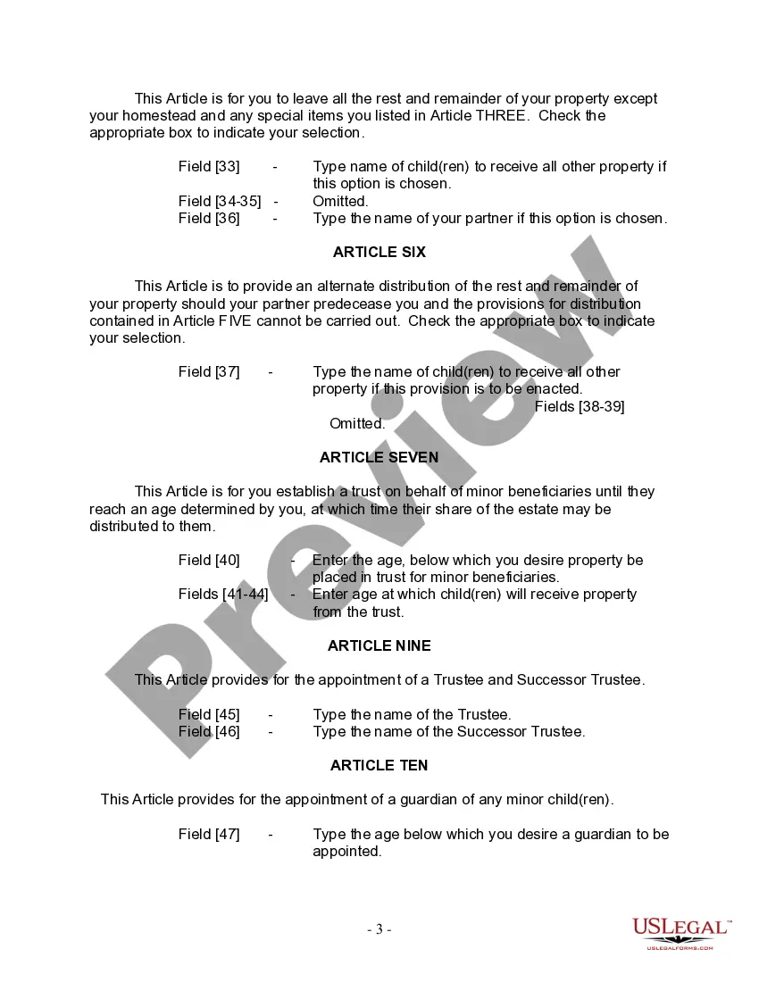 Preview Last Will and Testament for Civil Union Partner with Minor Children from Prior Marriage