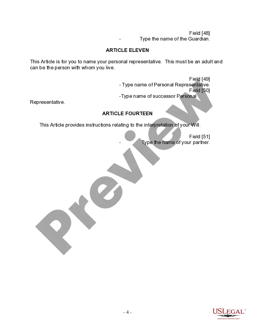 Preview Last Will and Testament for Civil Union Partner with Minor Children from Prior Marriage