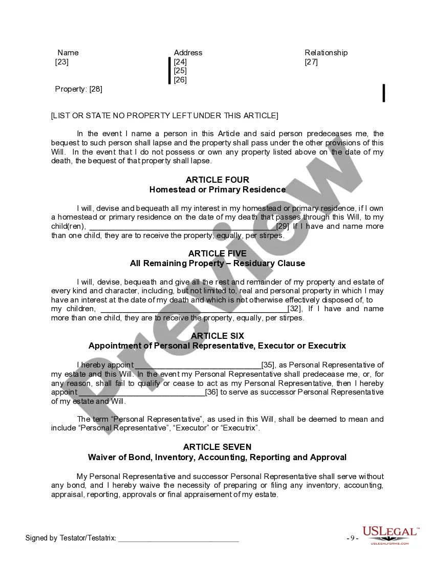 Preview Last Will and Testament for Divorced Person not Remarried with Adult Children