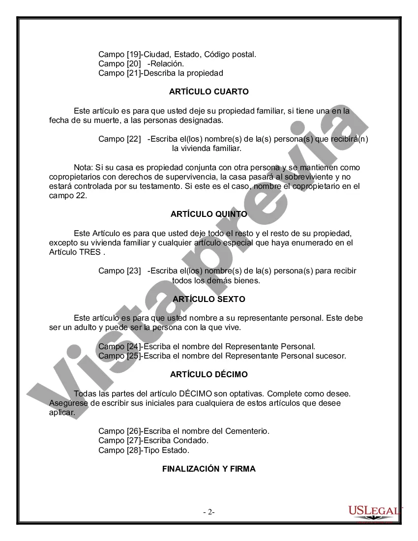 Preview Formulario de última voluntad y testamento legal para personas divorciadas que no se han vuelto a casar y no tienen hijos
