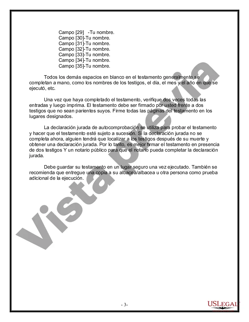Preview Formulario de última voluntad y testamento legal para personas divorciadas que no se han vuelto a casar y no tienen hijos
