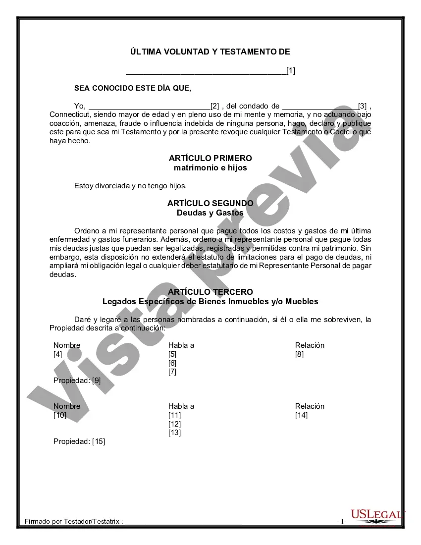 Preview Formulario de última voluntad y testamento legal para personas divorciadas que no se han vuelto a casar y no tienen hijos