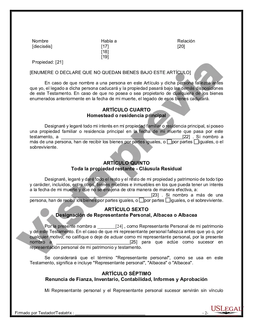 Preview Formulario de última voluntad y testamento legal para personas divorciadas que no se han vuelto a casar y no tienen hijos