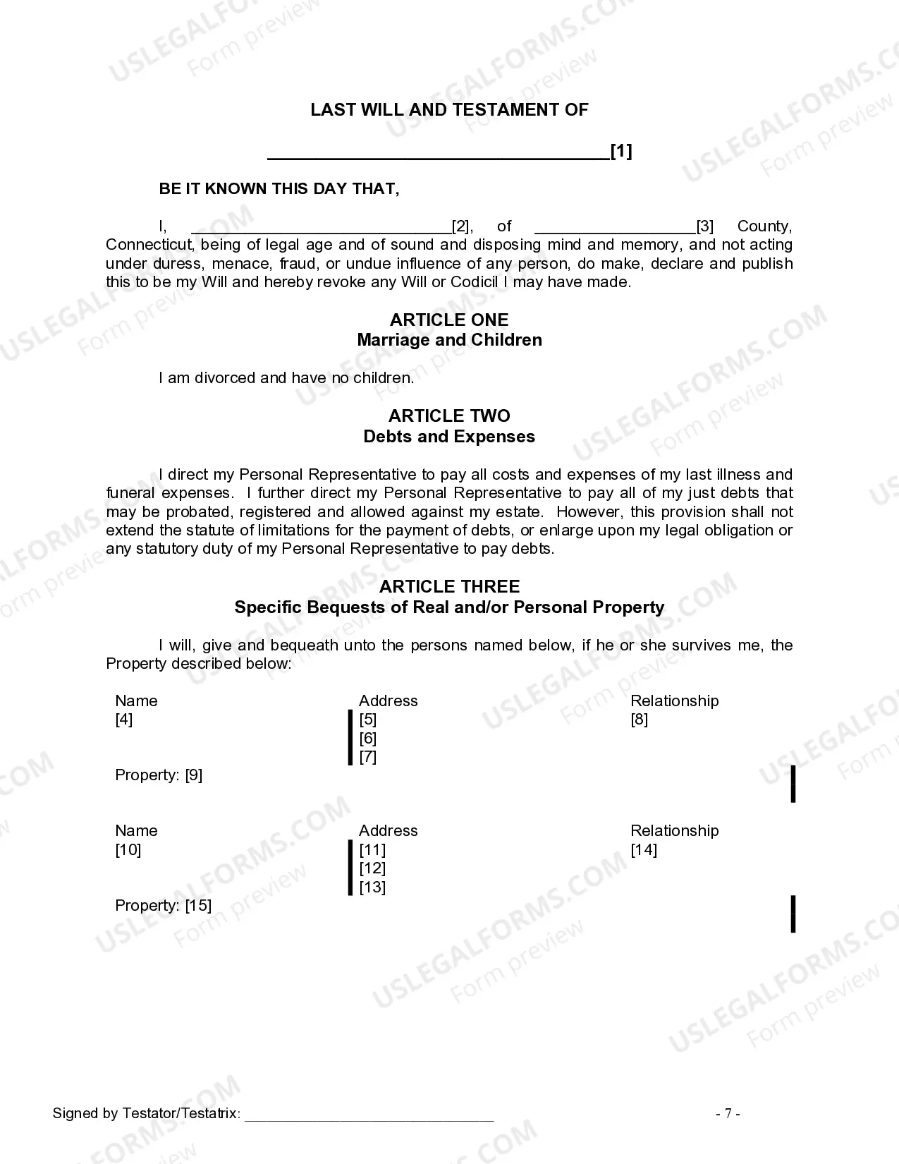 Preview Last Will and Testament for Divorced Person Not Remarried with No Children