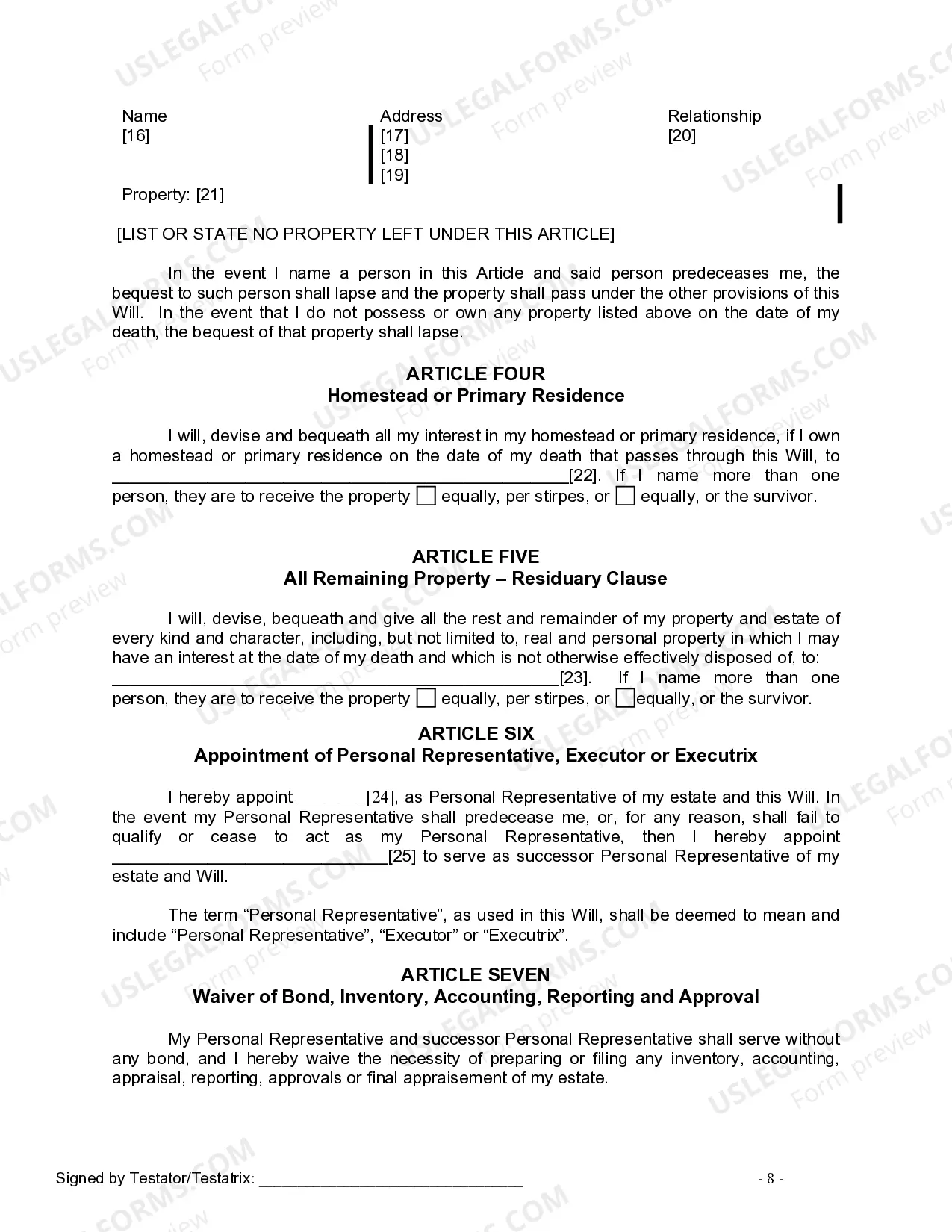 Preview Last Will and Testament for Divorced Person Not Remarried with No Children
