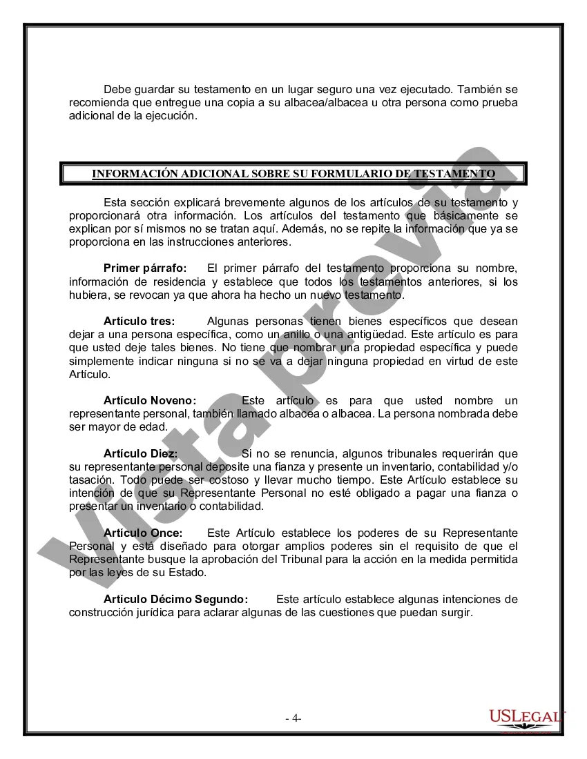 Preview Formulario de última voluntad y testamento legal para personas divorciadas que no se han vuelto a casar con hijos menores
