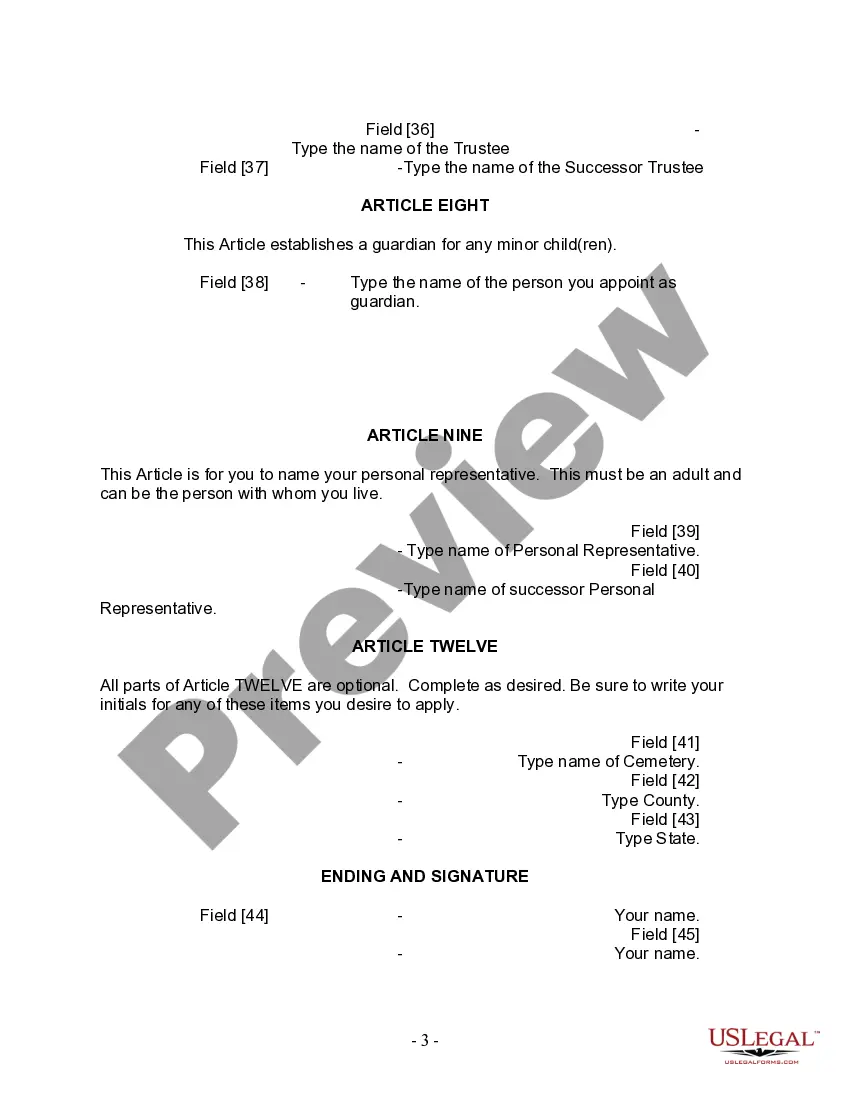 Preview Last Will and Testament for Divorced person not Remarried with Minor Children