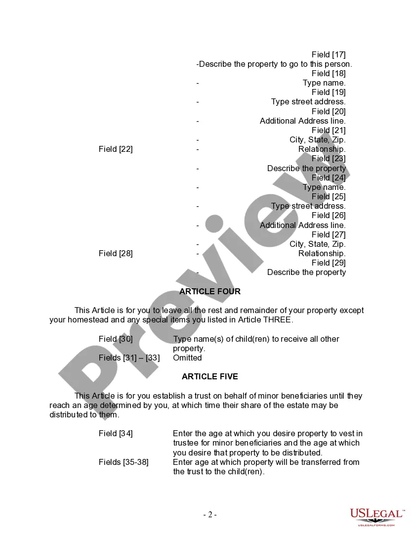 Preview Last Will and Testament for Divorced Person Not Remarried with Adult and Minor Children