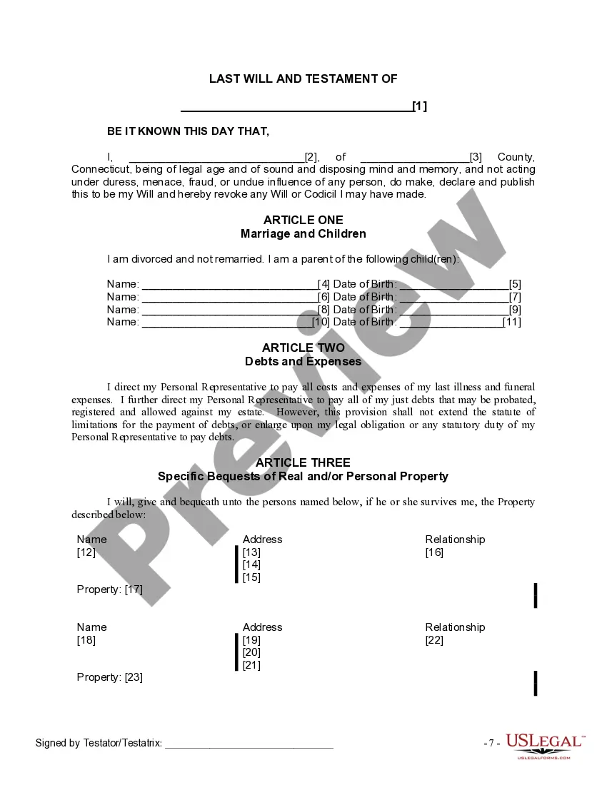Preview Last Will and Testament for Divorced Person Not Remarried with Adult and Minor Children