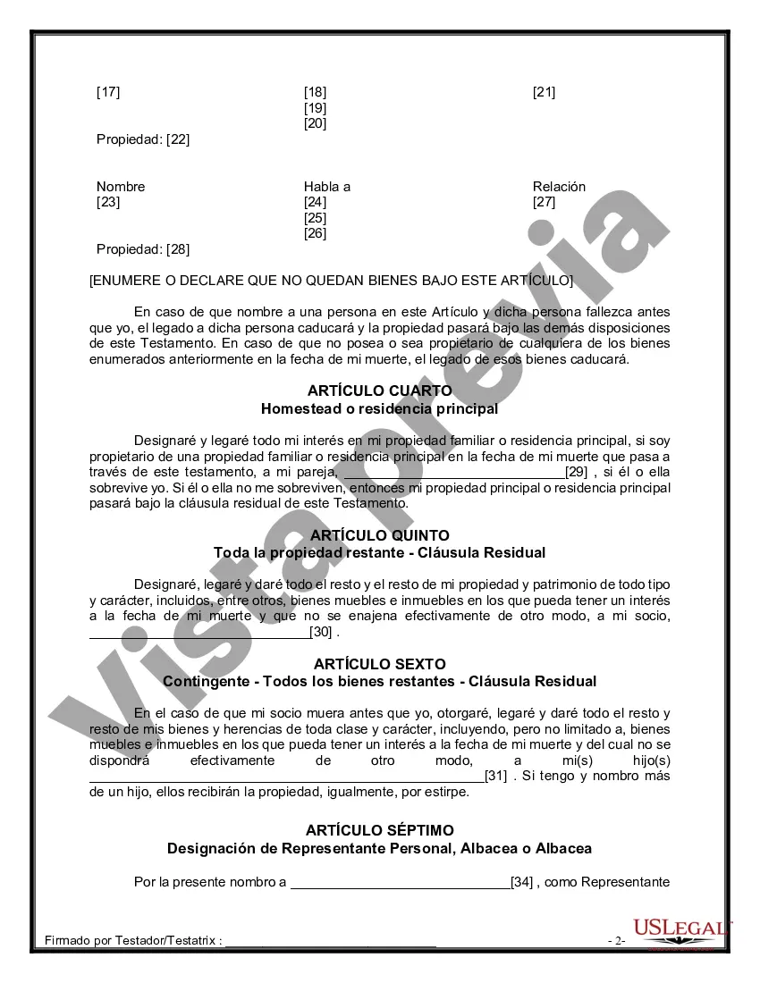 Preview Formulario de última voluntad y testamento legal para pareja de unión civil con hijos adultos