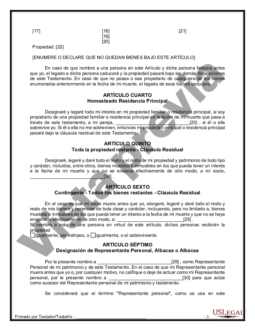 Preview Formulario de última voluntad y testamento legal para una pareja de unión civil sin hijos