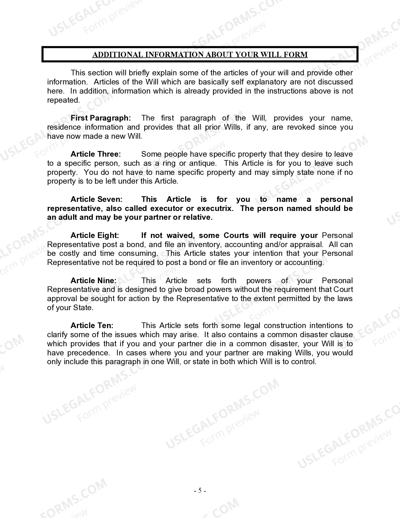 Preview Last Will and Testament for a Civil Union Partner with No Children