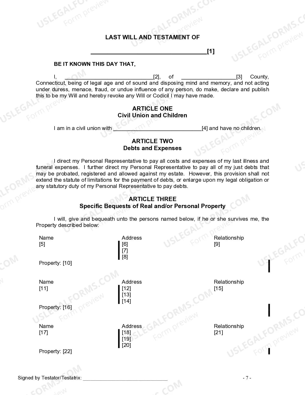 Preview Last Will and Testament for a Civil Union Partner with No Children