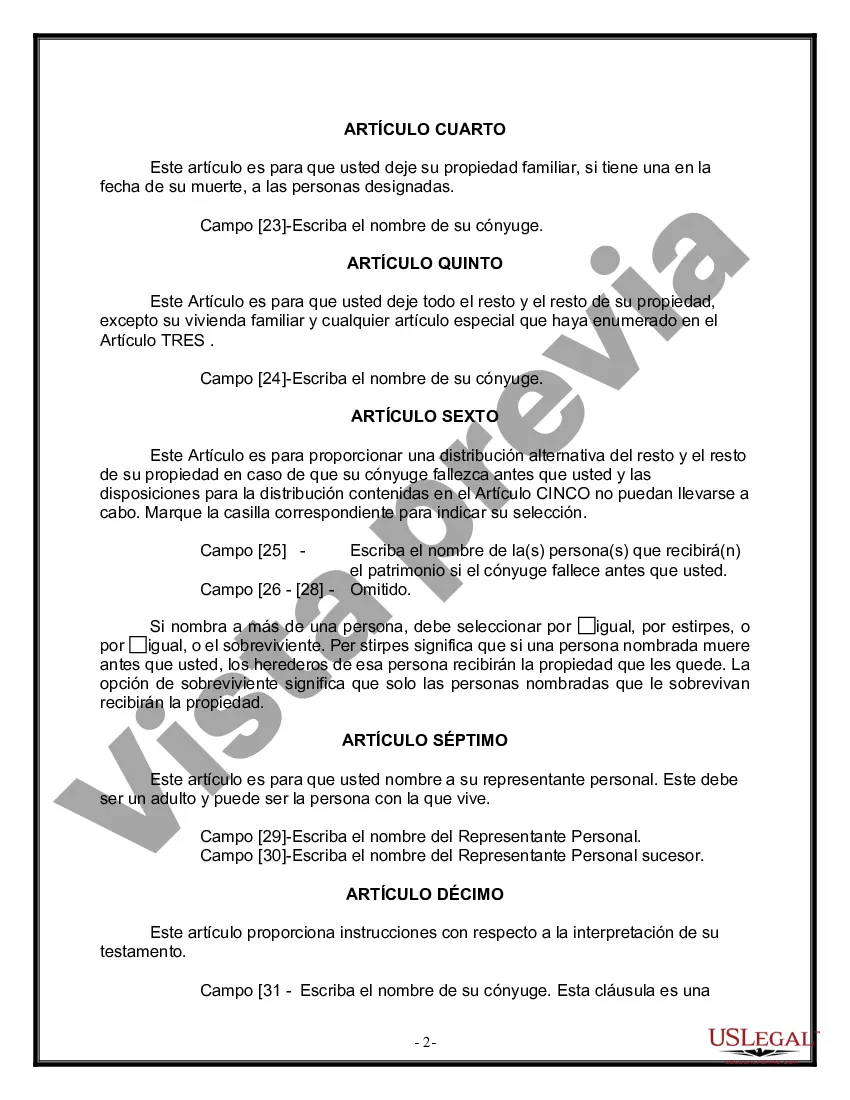 Preview Formulario de última voluntad y testamento legal para una persona casada sin hijos