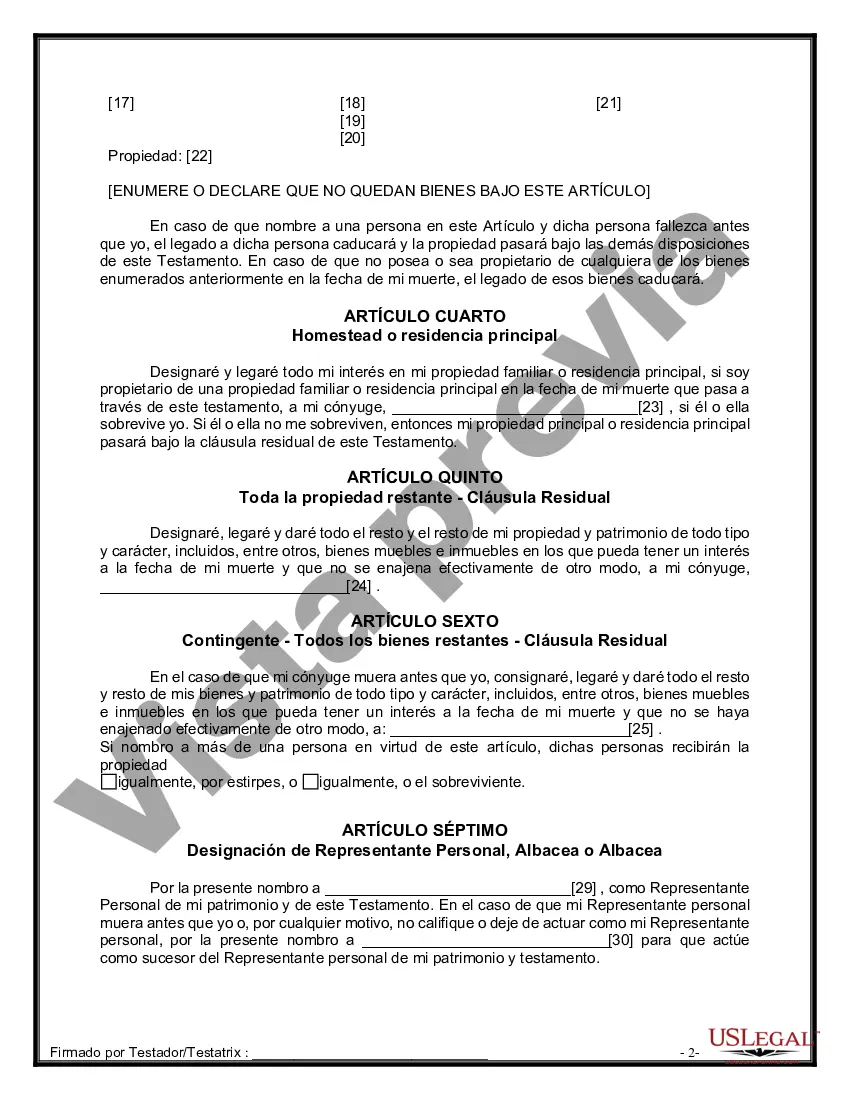 Preview Formulario de última voluntad y testamento legal para una persona casada sin hijos